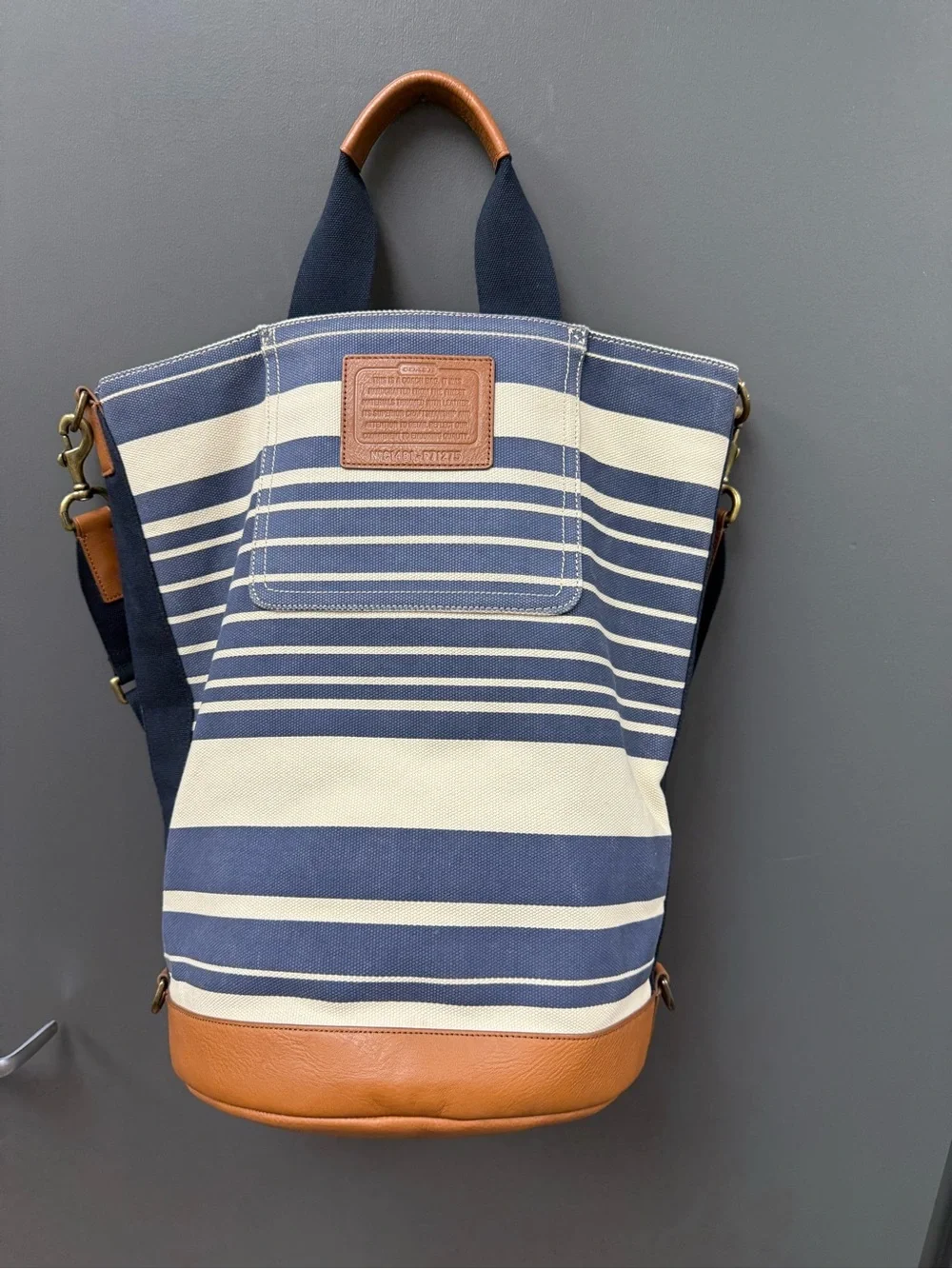 Coach Heritage Beach Navy and White Striped Canvas Backpack with Brown Trim
